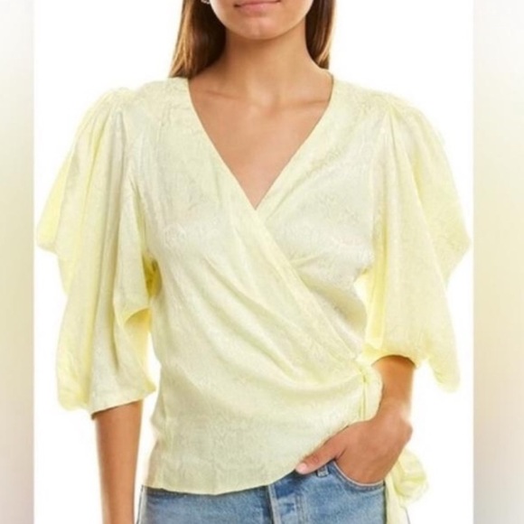 KRISA Puff Sleeve Wrap Top Butter Yellow Jacquard Blouse Romantic Revival - Picture 1 of 11